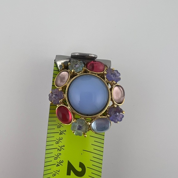 Vintage Floral Cabochon Brooch Pastel Flower Cluster Gold Tone Round Pin - Picture 6 of 6